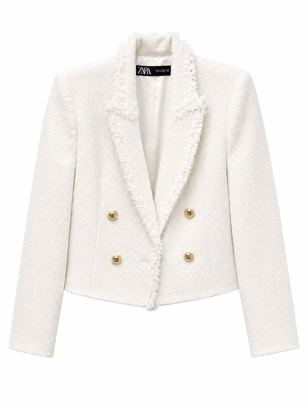 Zara Cream Tweed Double-Breasted Blazer with Gold Buttons